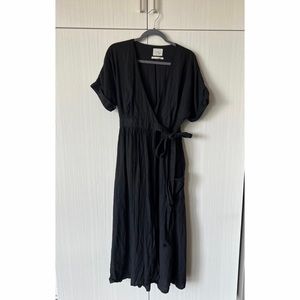 Urban Outfitters Black Linen Midi Wrap Dress